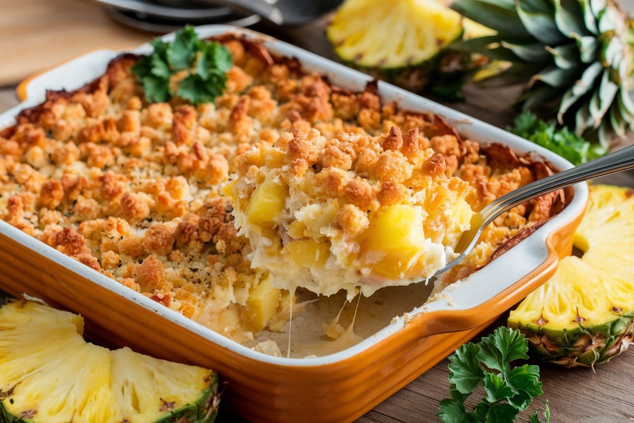 Golden and bubbling pineapple casserole recipe with a crispy topping, served in a baking dish.