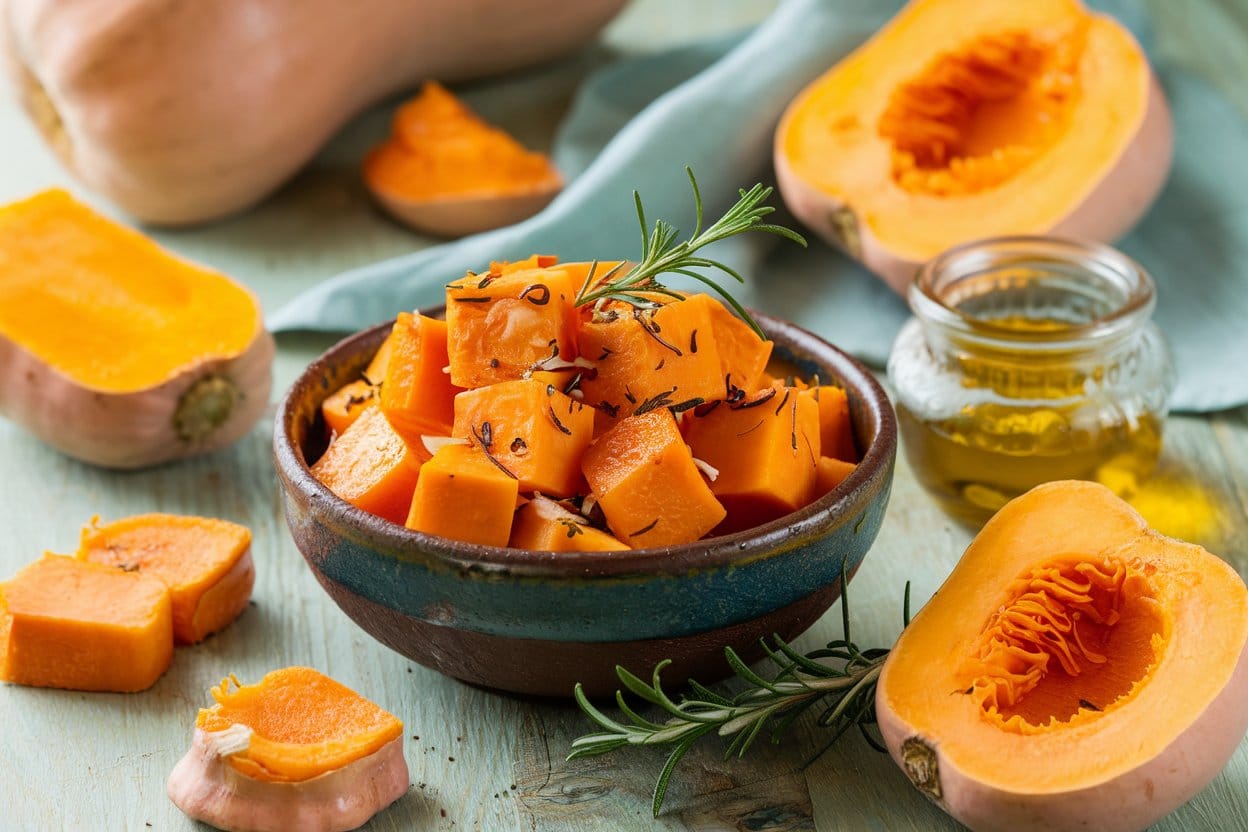 A bowl of roasted butternut squash cubes with herbs – perfect for easy no-oven butternut squash recipes.