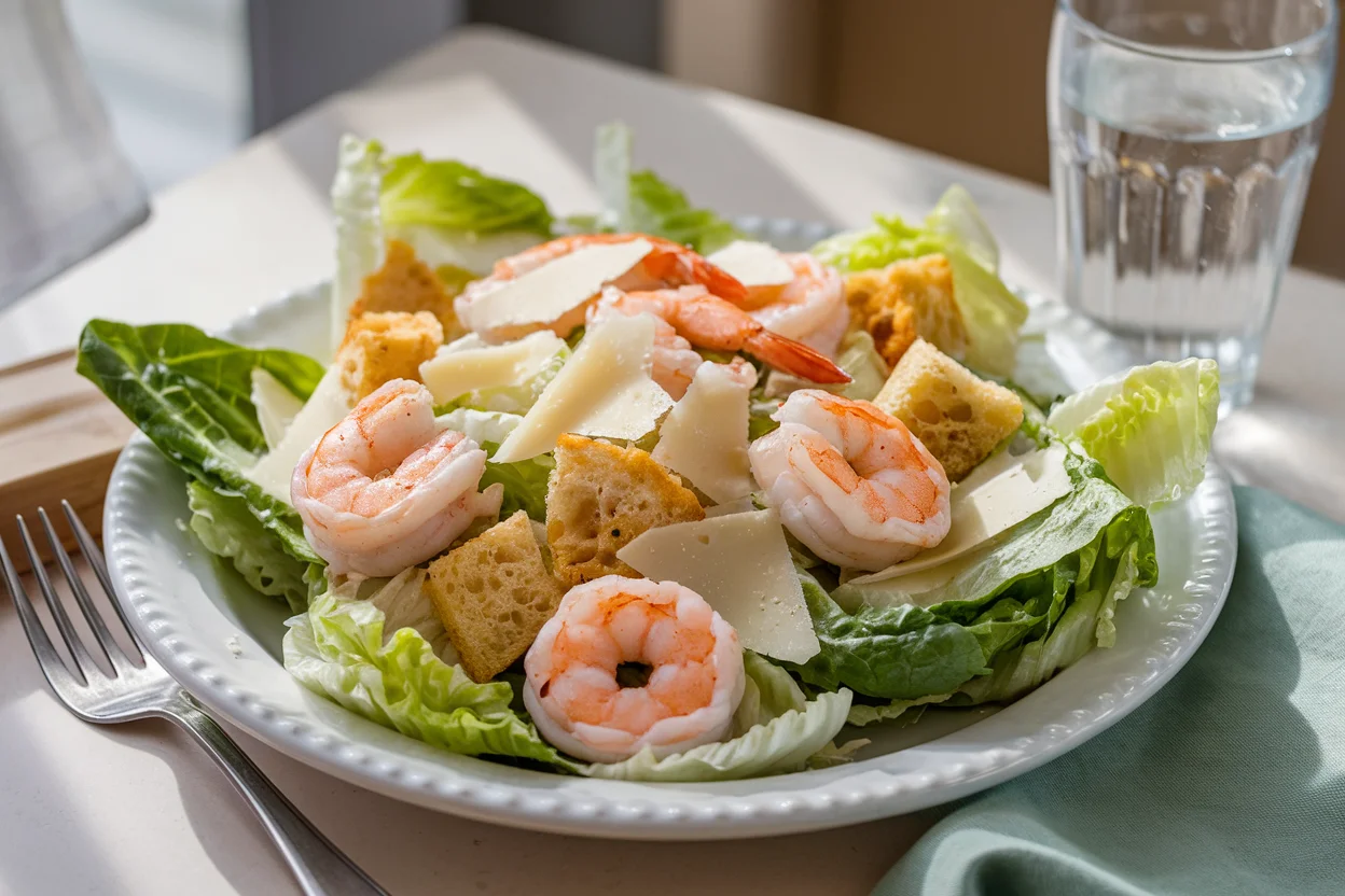 Freshly prepared shrimp Caesar salad with romaine lettuce, grilled shrimp, croutons, Parmesan cheese, and Caesar dressing.