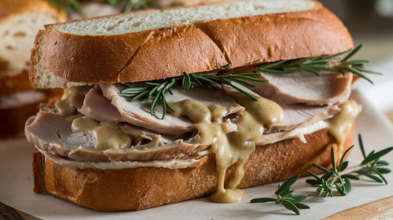 Hot turkey sandwich with freshly roasted turkey, melted provolone cheese, and rich gravy on crispy sourdough bread, perfect for a satisfying meal.