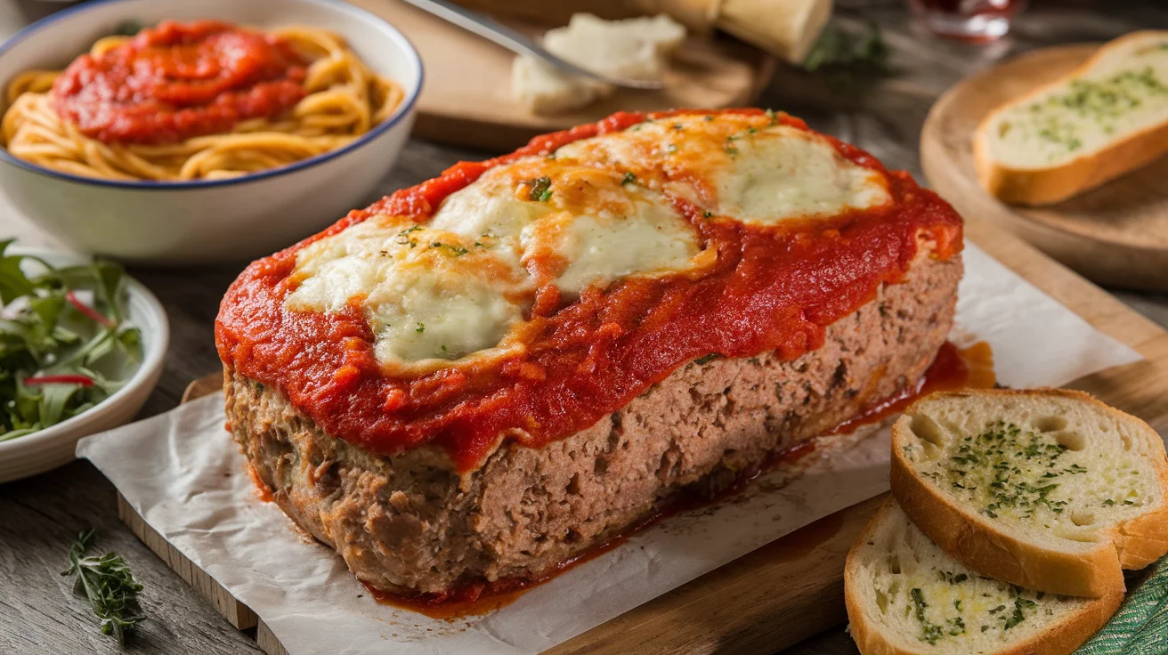 Delicious Italian meatloaf served with pasta, garlic bread, and a fresh salad, showcasing a savory homemade meal with mozzarella and tomato sauce.