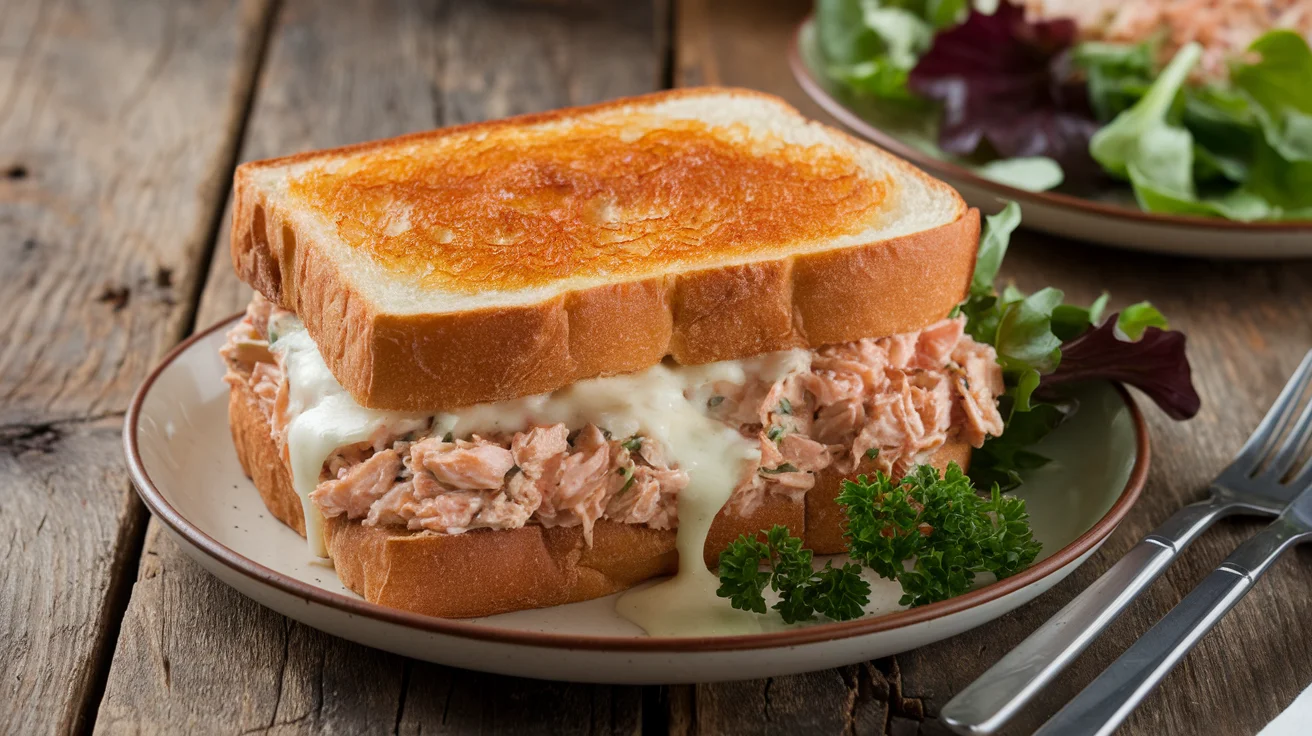 Weight Watchers Tuna Melt served on a white plate with golden-brown bread, melted cheese, and fresh garnish, perfect for a healthy lunch.