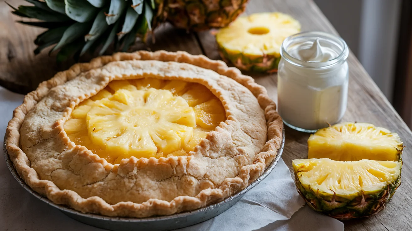 Pineapple pie recipe with a golden, flaky crust and vibrant pineapple filling, freshly baked and ready to serve.