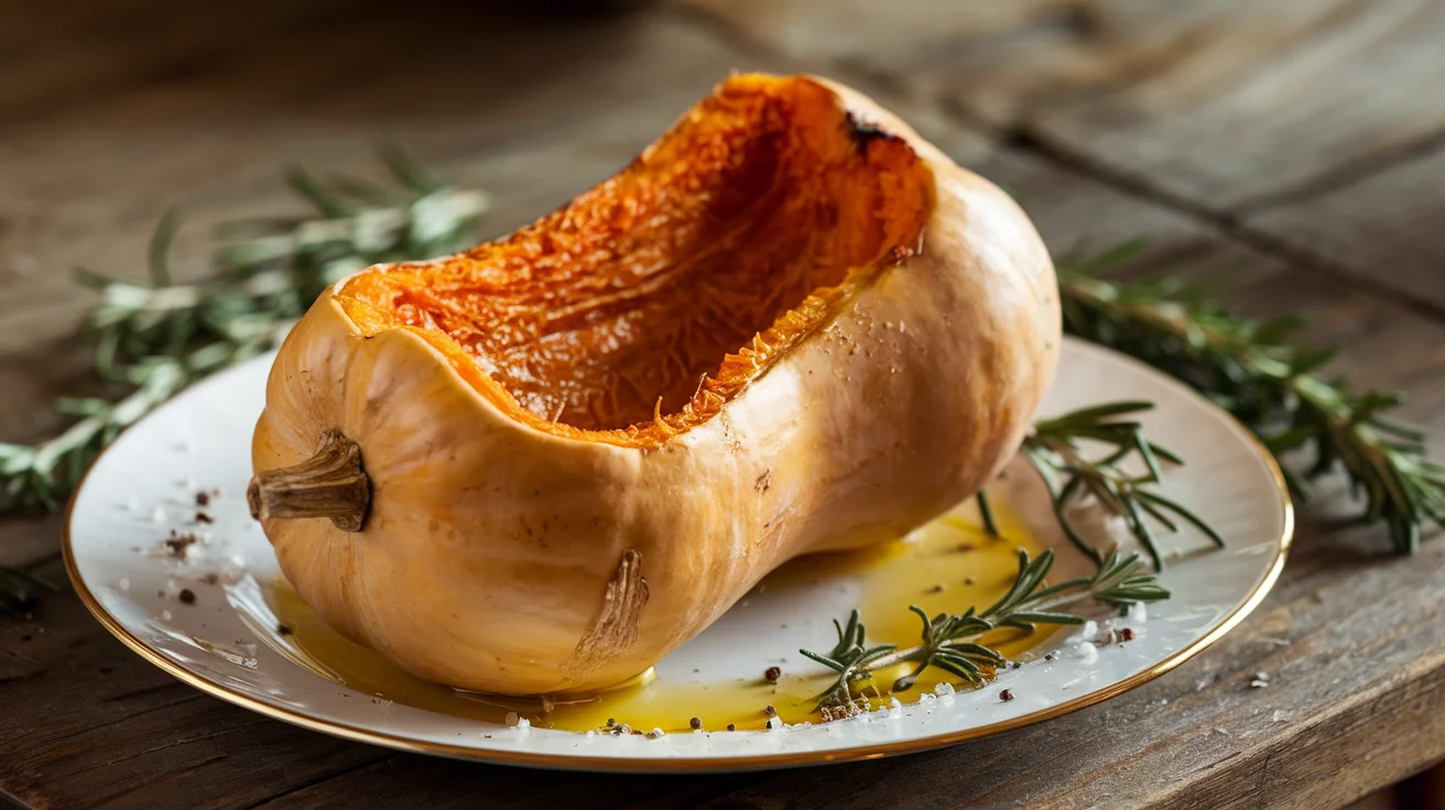 Roasted butternut squash with a crispy exterior and soft interior, served on a white plate, showcasing a simple and healthy frozen butternut squash recipe.