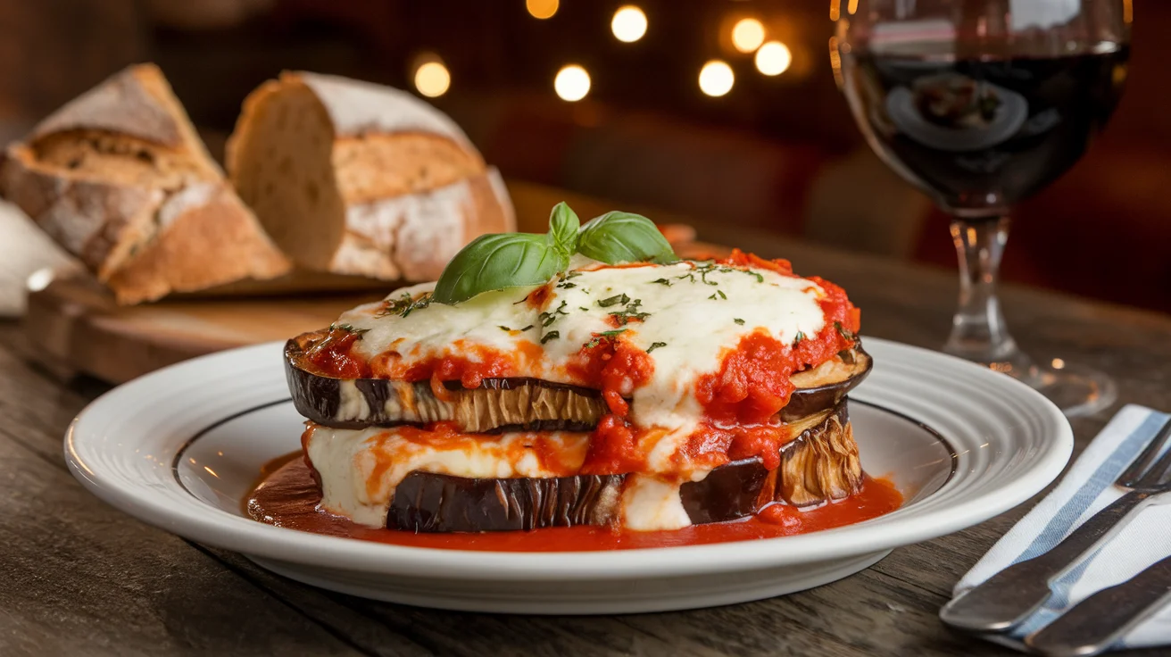 Delicious plate of Maggiano’s Eggplant Parmesan with crispy eggplant, melted mozzarella, marinara sauce, and fresh basil on a rustic table.