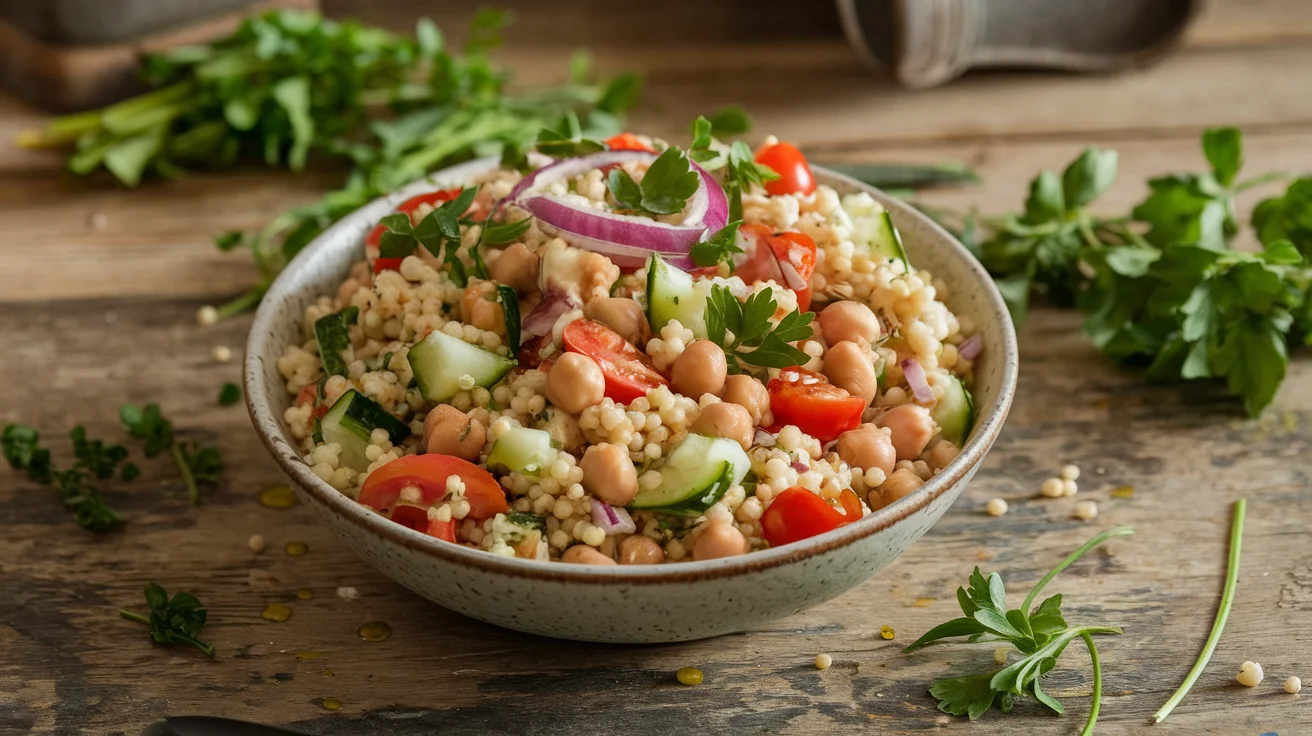 Bean and couscous salad with fresh vegetables and chickpeas in a rustic bowl, showcasing a healthy and vibrant meal.