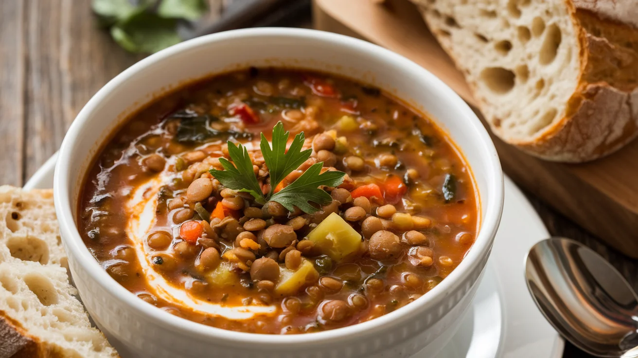 Carrabba's lentil soup recipe served in a rustic bowl with vibrant lentils, vegetables, and fresh parsley, accompanied by crusty bread, showcasing the final outcome of the dish.