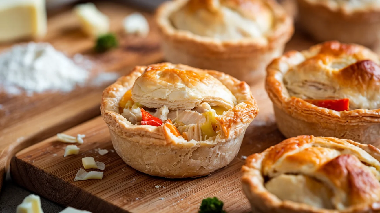 Mini chicken pot pies with flaky golden crust and creamy chicken and vegetable filling, showcasing the final outcome of a delicious mini chicken pot pie recipe.