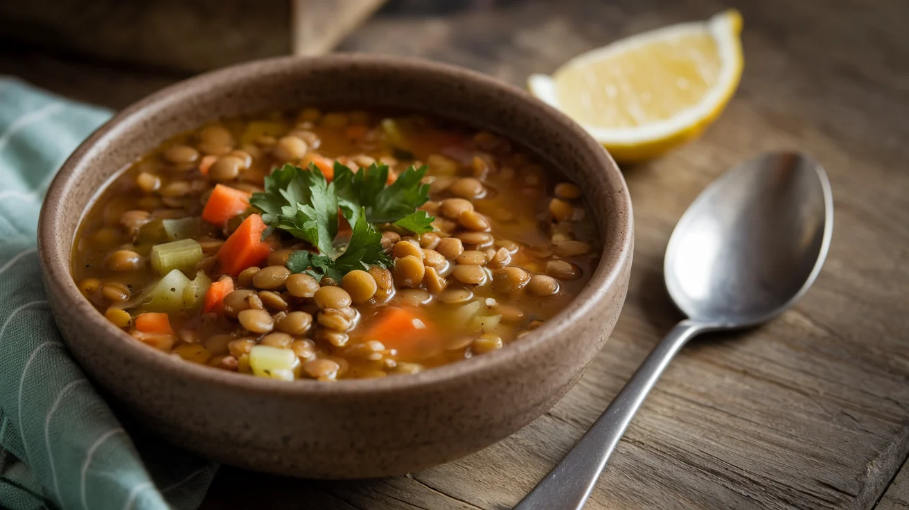 A hearty bowl of Lebanese lentil soup with fresh parsley and lemon, showcasing the rich texture and flavor of this traditional dish.