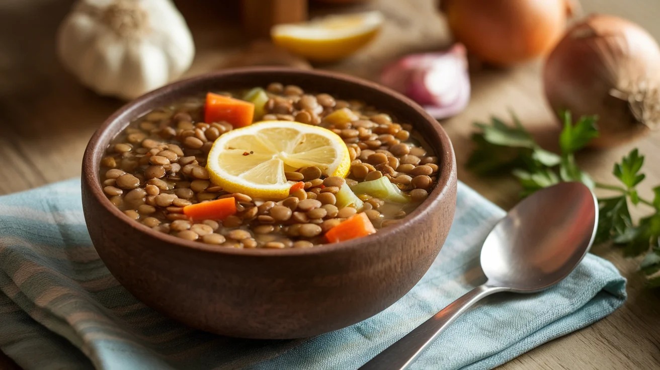 Delicious low sodium lentil soup in a rustic bowl, showcasing tender lentils, carrots, and celery for a healthy, flavorful meal.