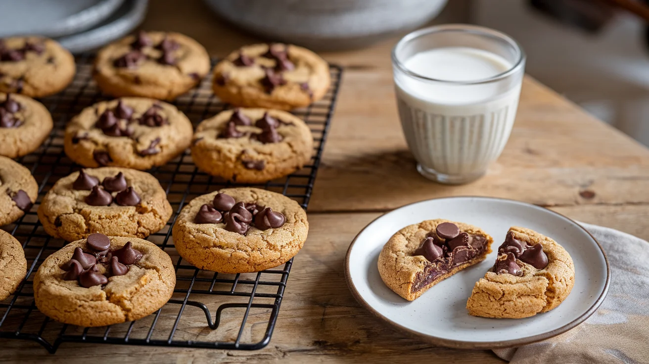 Vegan tahini chocolate chip cookies on a rustic wooden table, showcasing the final baked result with melty chocolate chips, perfect for a vegan dessert recipe.