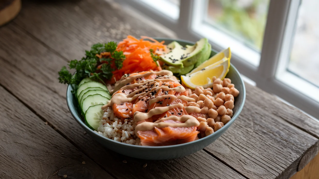 Delicious and nutritious canned salmon Buddha bowl with brown rice, fresh vegetables, and a drizzle of tahini dressing, perfect for meal prep.