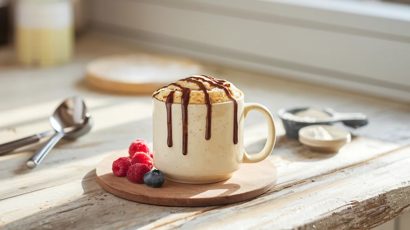 Finished 3-ingredient mug cake no egg, served in a rustic mug with chocolate drizzle and fresh berries, ready to eat.