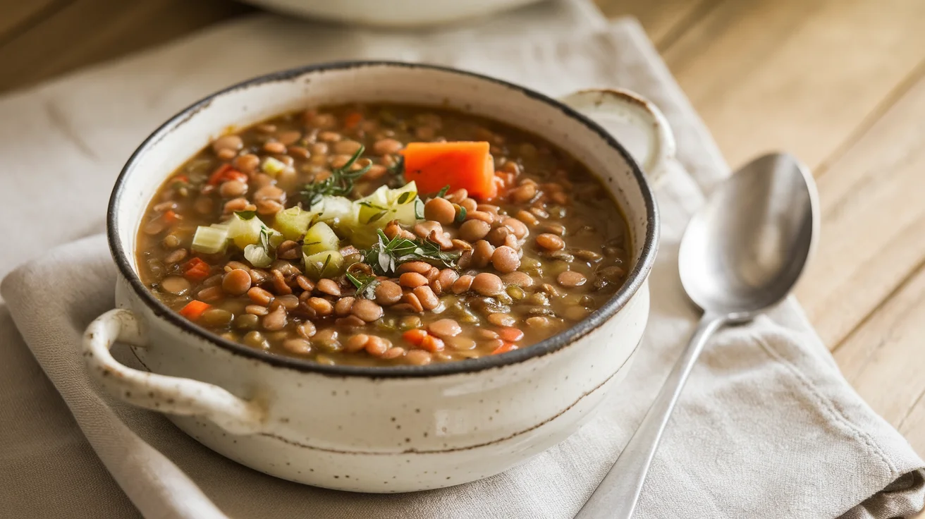 Hearty and flavorful Italian lentil soup with carrots, celery, and fresh herbs served in a rustic bowl, perfect for a comforting meal.