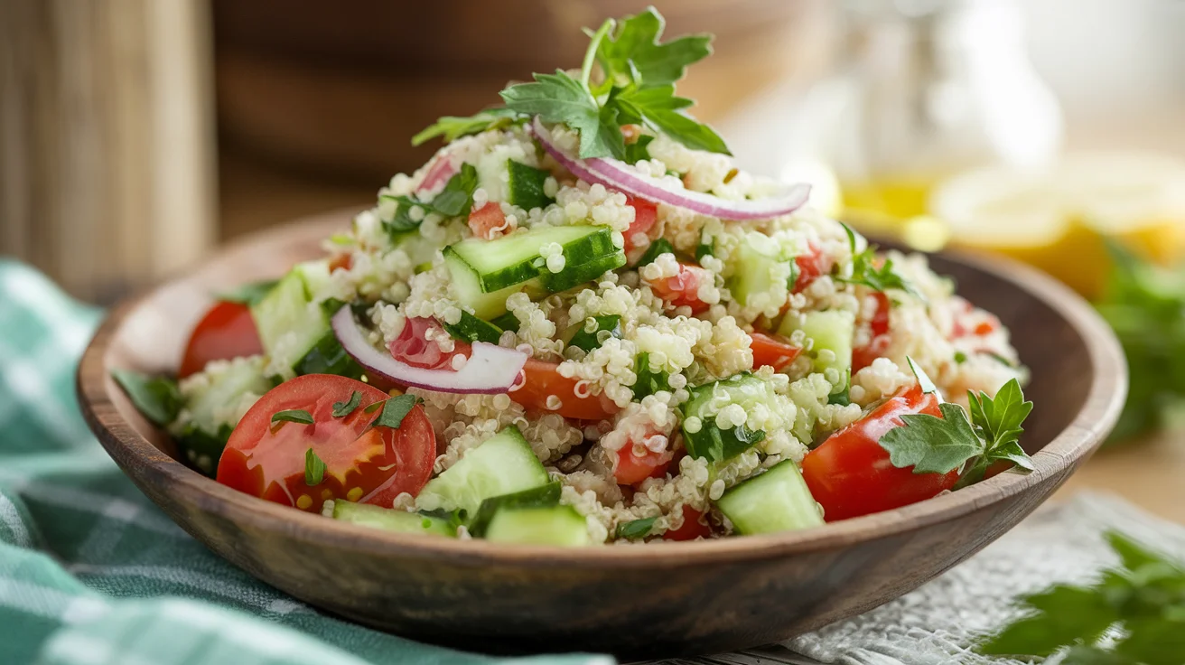 Quinoa cucumber tomato salad in a rustic wooden bowl, showcasing fresh ingredients like quinoa, cucumber, tomatoes, and herbs, perfect for a healthy meal.