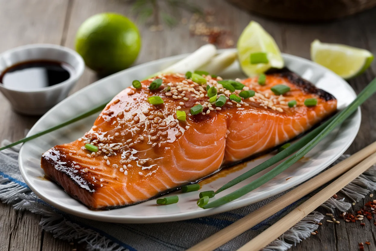 Asian baked salmon garnished with sesame seeds and green onions, served on a white plate with lime and soy sauce, highlighting the final outcome of the recipe.