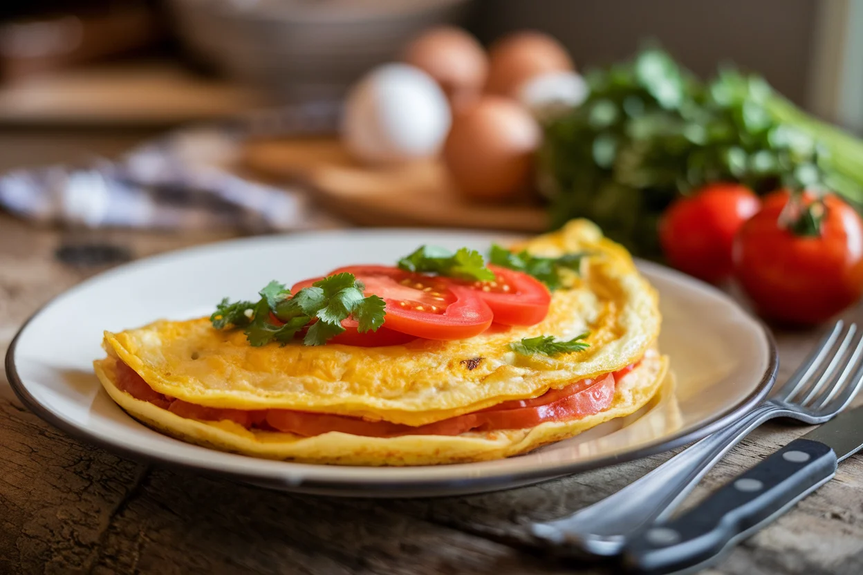 A freshly cooked tomato omelette garnished with cilantro and tomatoes, showcasing the final result of the tomato omelette recipe.