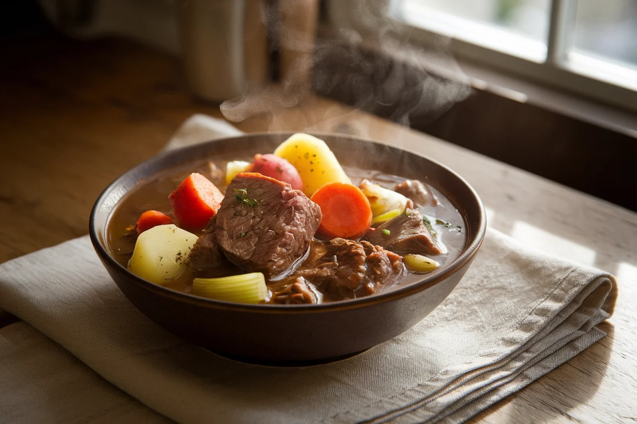 A hearty bowl of beef stew without wine, featuring tender beef, carrots, potatoes, and celery in a rich broth, served in a rustic kitchen setting.