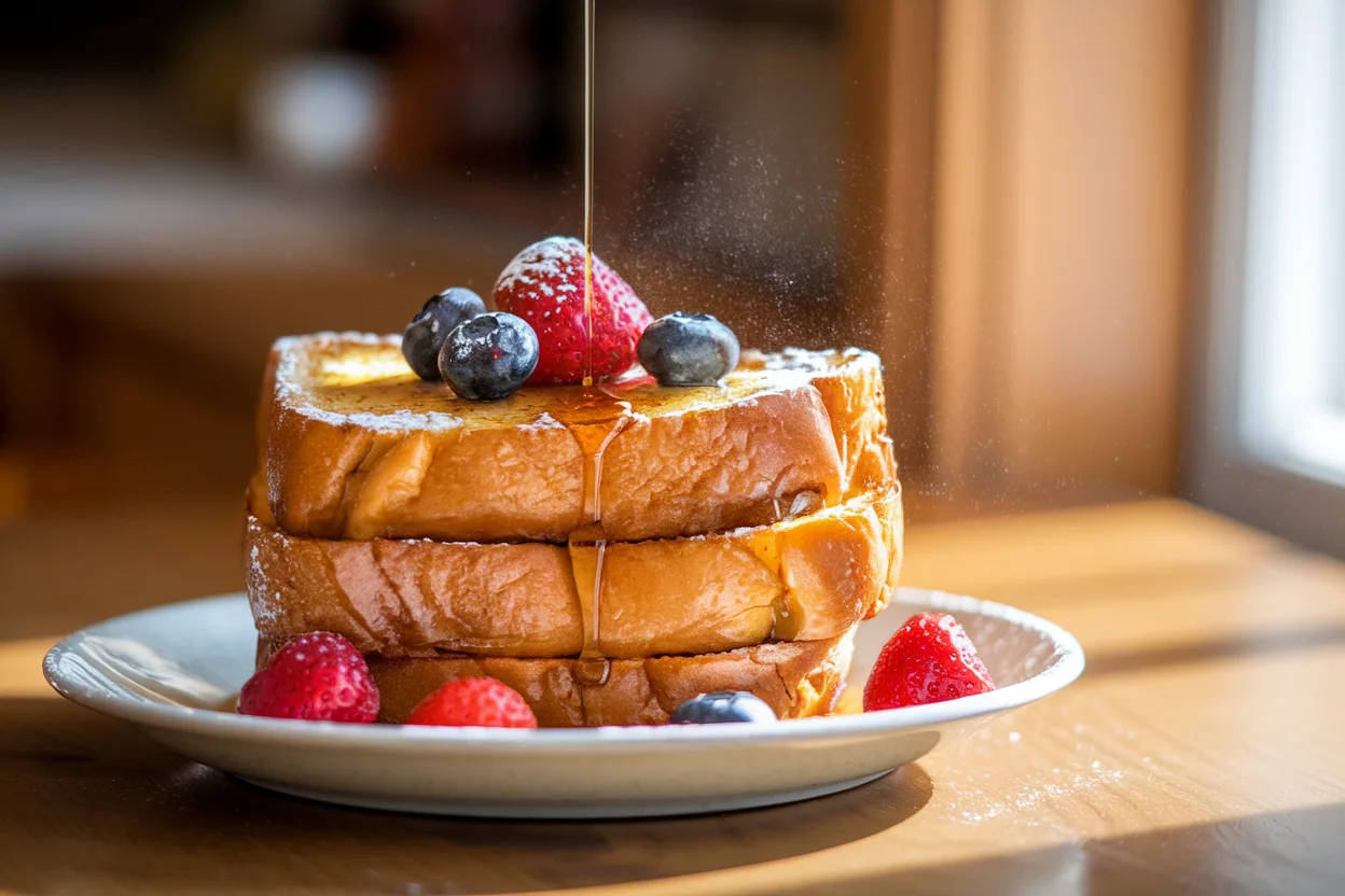 A plate of eggnog French toast topped with fresh berries, powdered sugar, and maple syrup, showcasing a festive breakfast recipe.