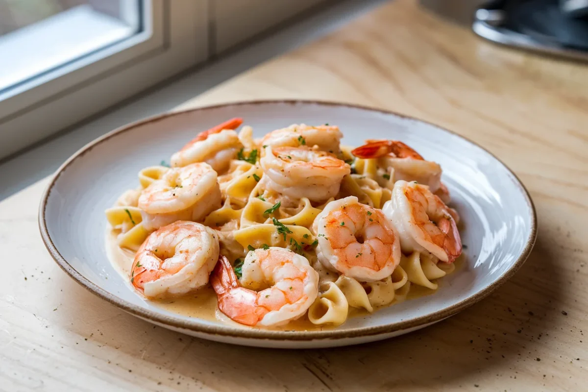 A creamy shrimp scampi dish served on a white plate, featuring golden shrimp in a rich garlic cream sauce with parsley garnish.