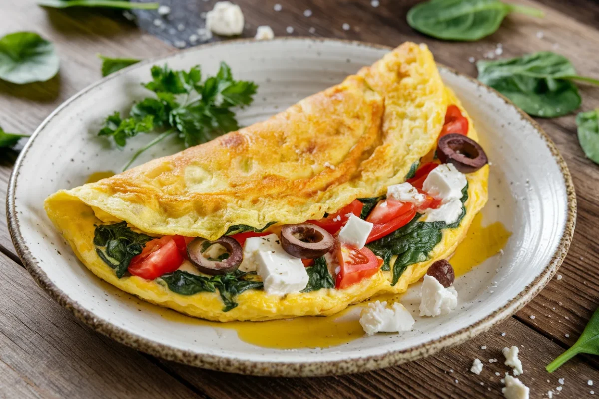 Final presentation of a Greek omelette recipe, featuring a golden, fluffy omelette filled with spinach, tomatoes, olives, and feta cheese.