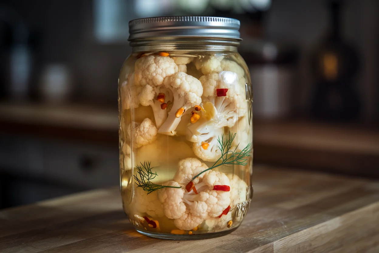 Jar of homemade pickled cauliflower with garlic, spices, and dill, showcasing a tangy and crunchy snack recipe.