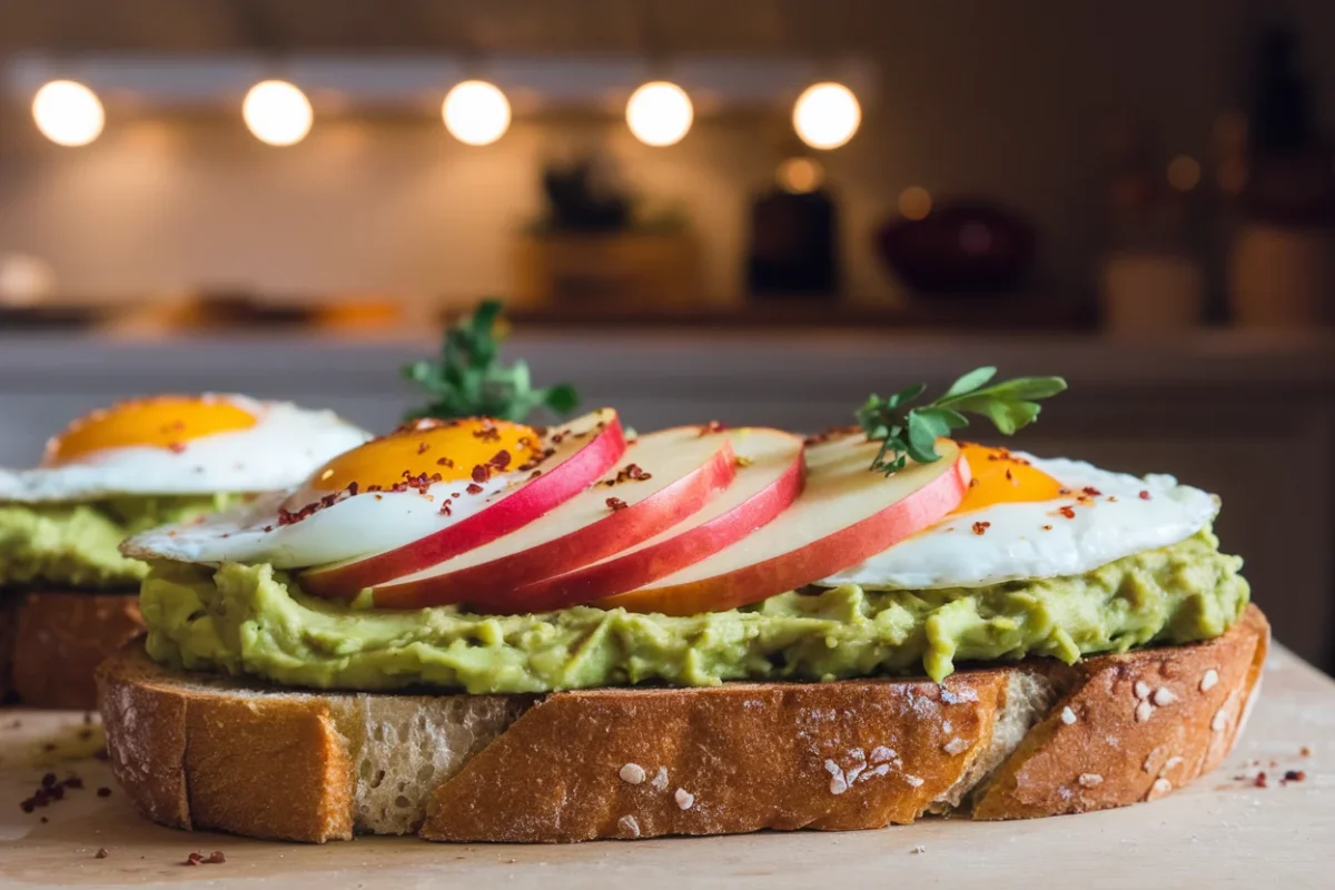 Avocado toast with egg and apples on sourdough bread, topped with chili flakes and parsley, a sweet and savory breakfast recipe.