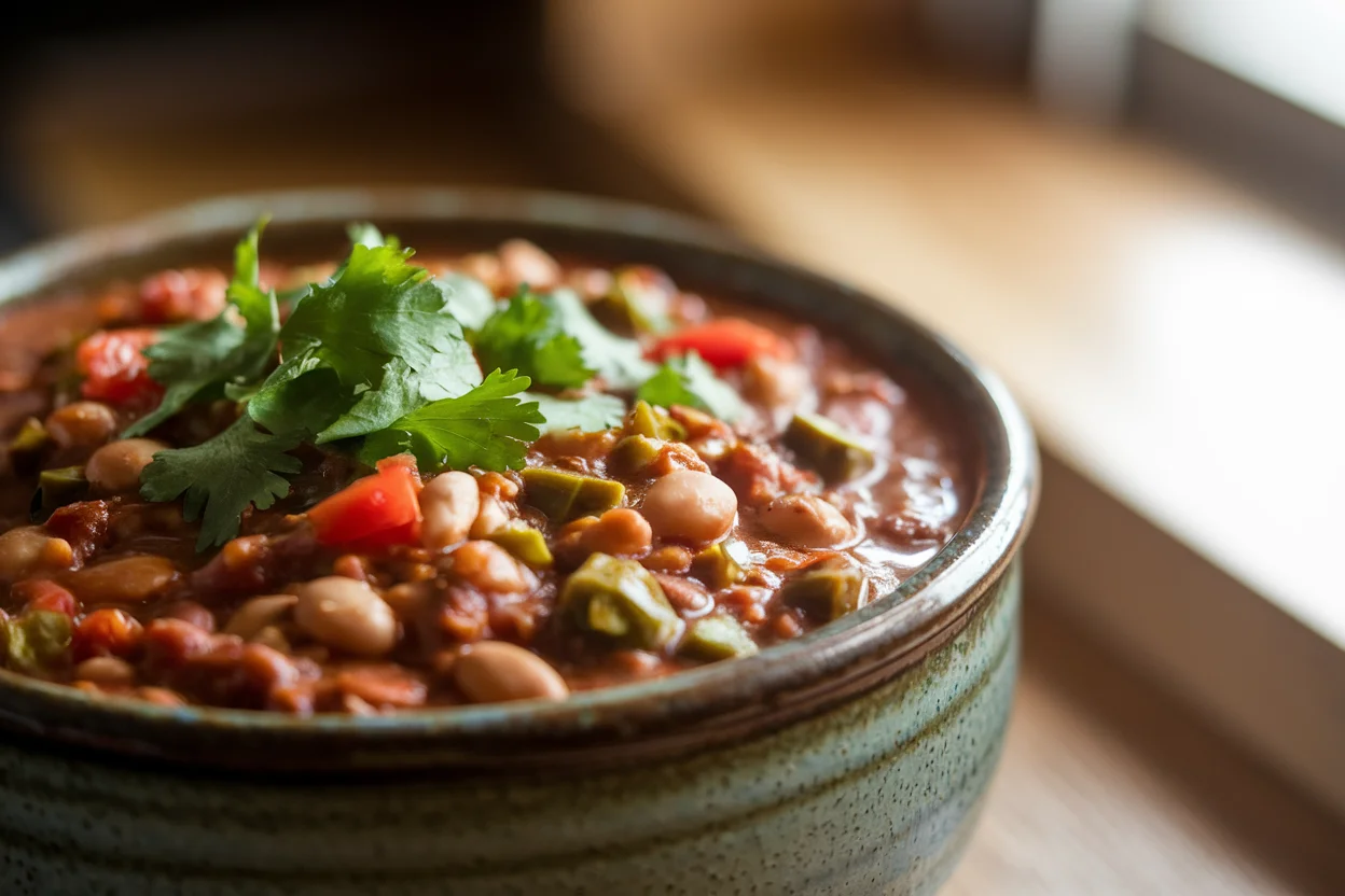 A bowl of vegetarian green chili garnished with fresh cilantro, showcasing the hearty and flavorful final dish.