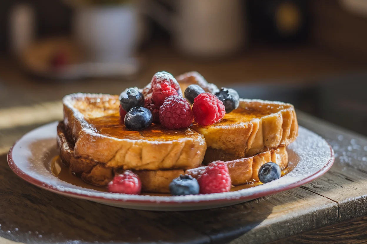 Golden-brown French toast without milk topped with fresh berries and maple syrup on a rustic table, showcasing a dairy-free breakfast option.