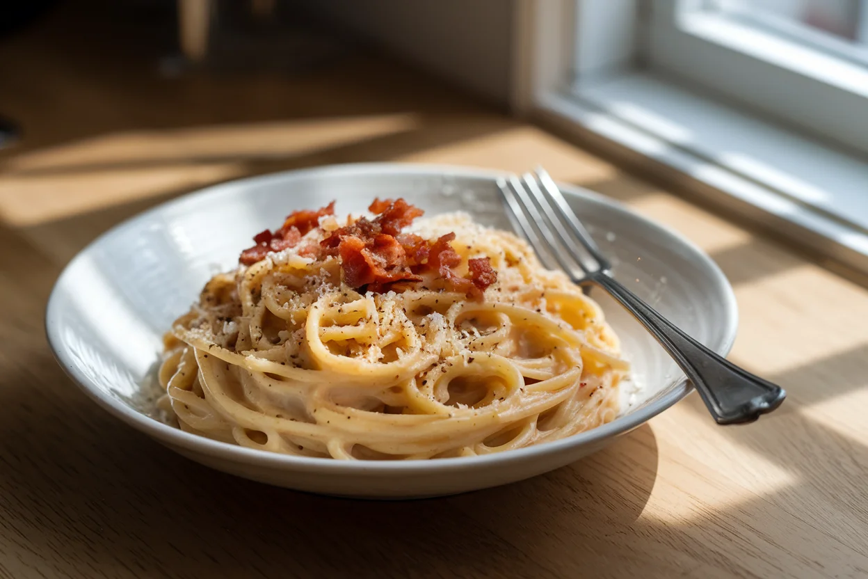 Final dish of Instant Pot Spaghetti Carbonara served in a bowl with creamy sauce, crispy pancetta, and Parmesan cheese.