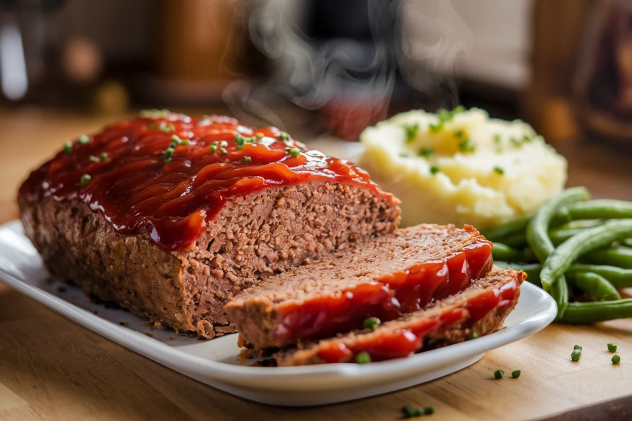 Final presentation of a juicy stove top meatloaf recipe, sliced and served with mashed potatoes and green beans on a white plate.