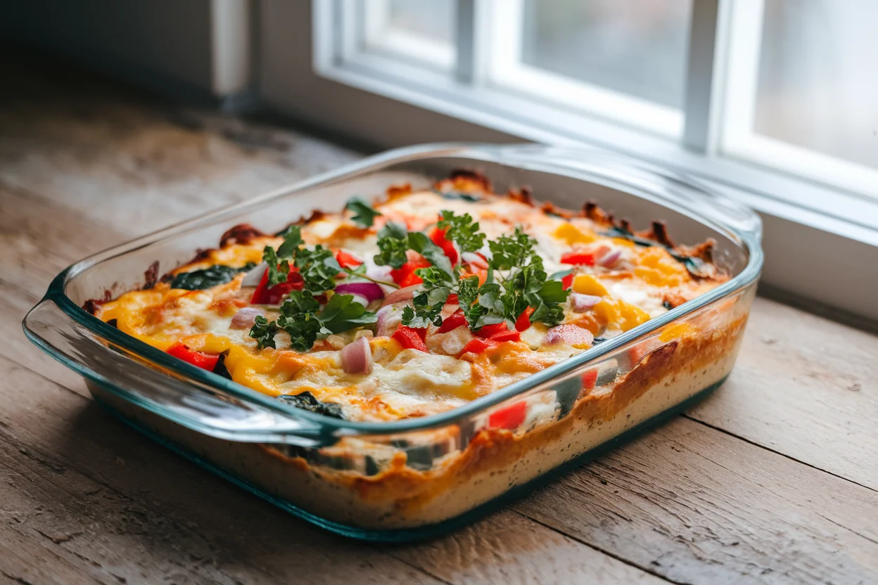 Freshly baked gluten-free breakfast casserole in a glass dish, topped with melted cheese and colorful vegetables, perfect for a hearty breakfast.