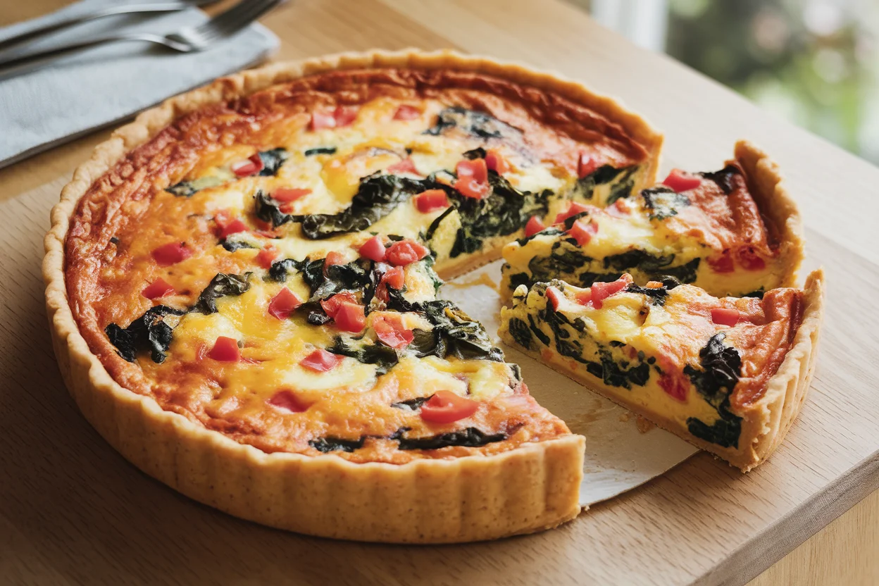 Freshly baked tortilla quiche bake with a golden crust, fluffy egg filling, and colorful vegetable toppings, served on a rustic kitchen table.