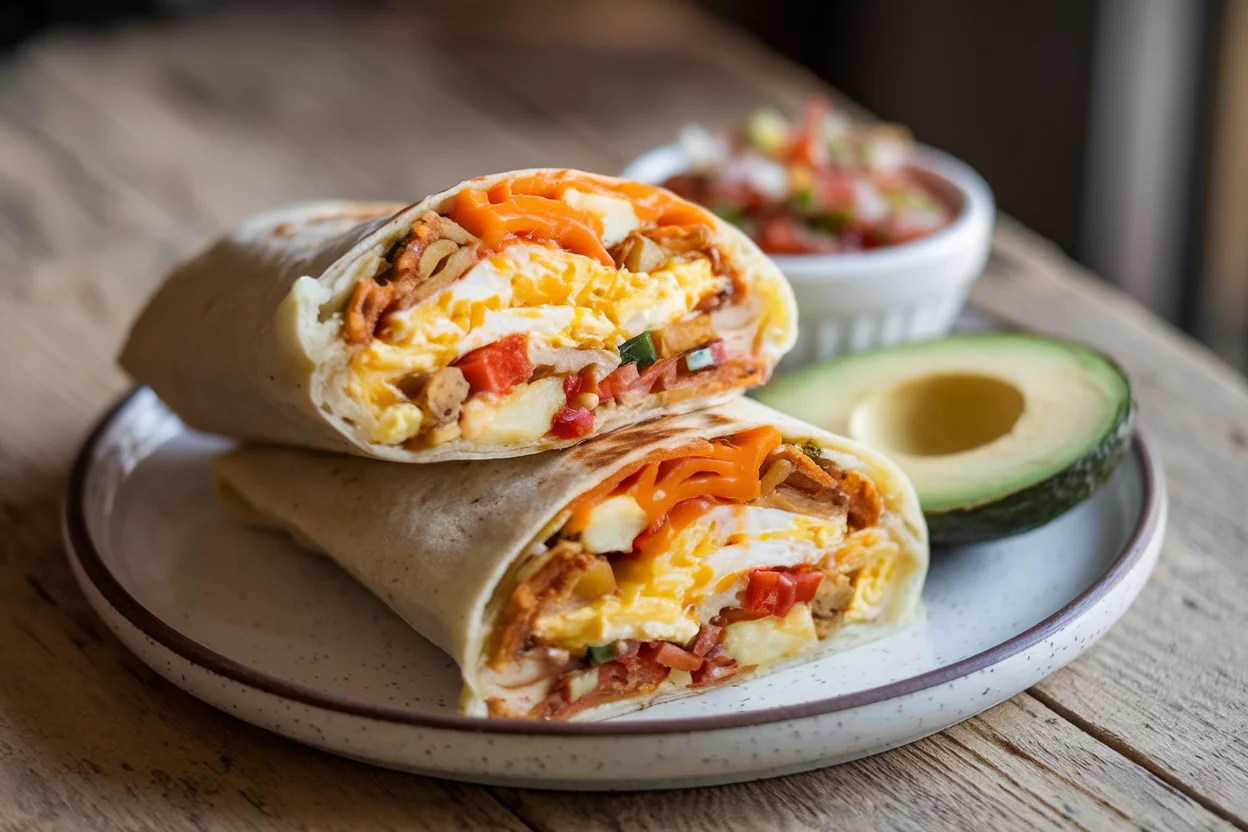 A sliced breakfast burrito showcasing scrambled eggs, crispy potatoes, cheddar cheese, and vegetables, served on a plate with salsa and avocado.