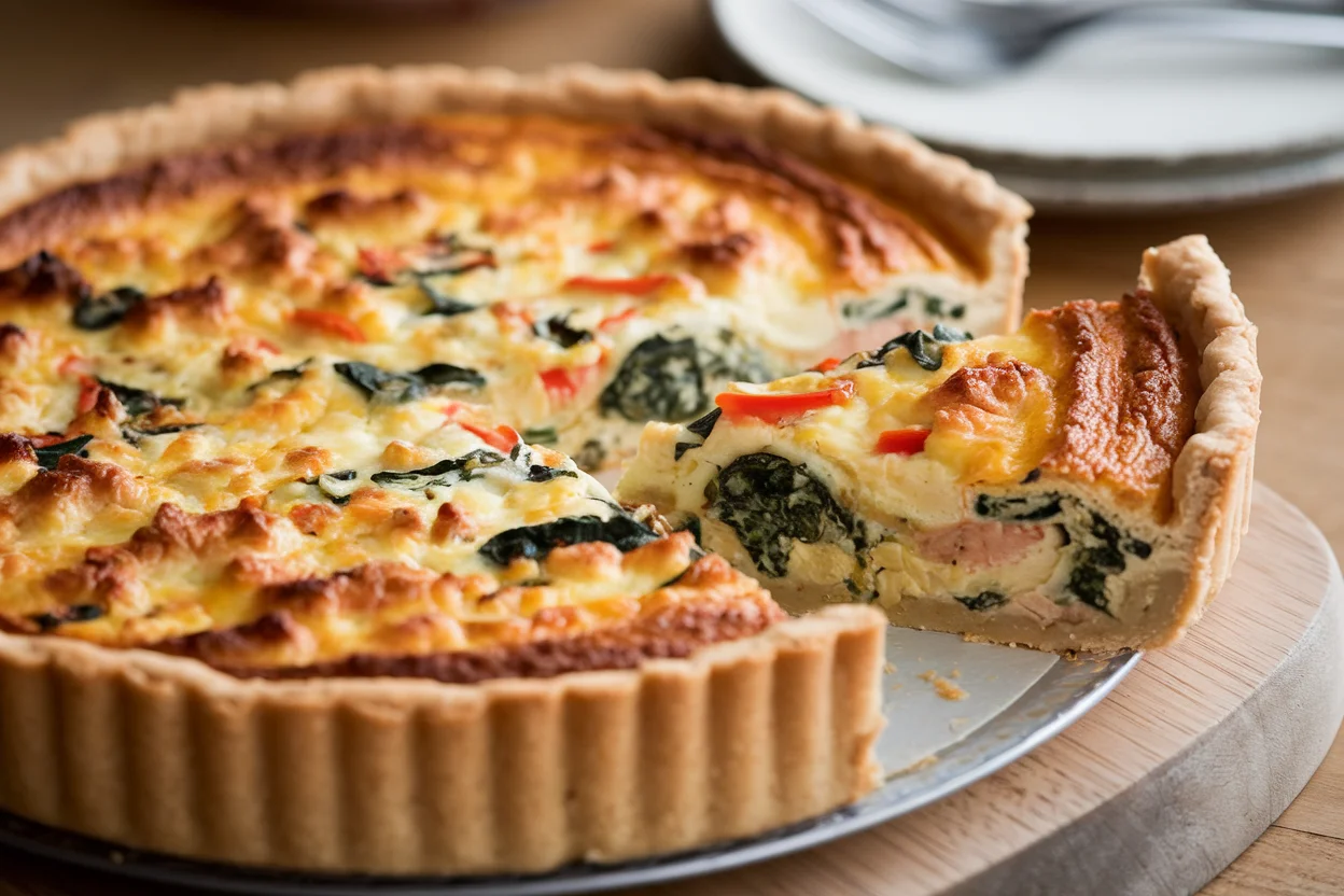 Freshly baked chicken quiche with golden crust and creamy filling, featuring chicken, spinach, and bell peppers.