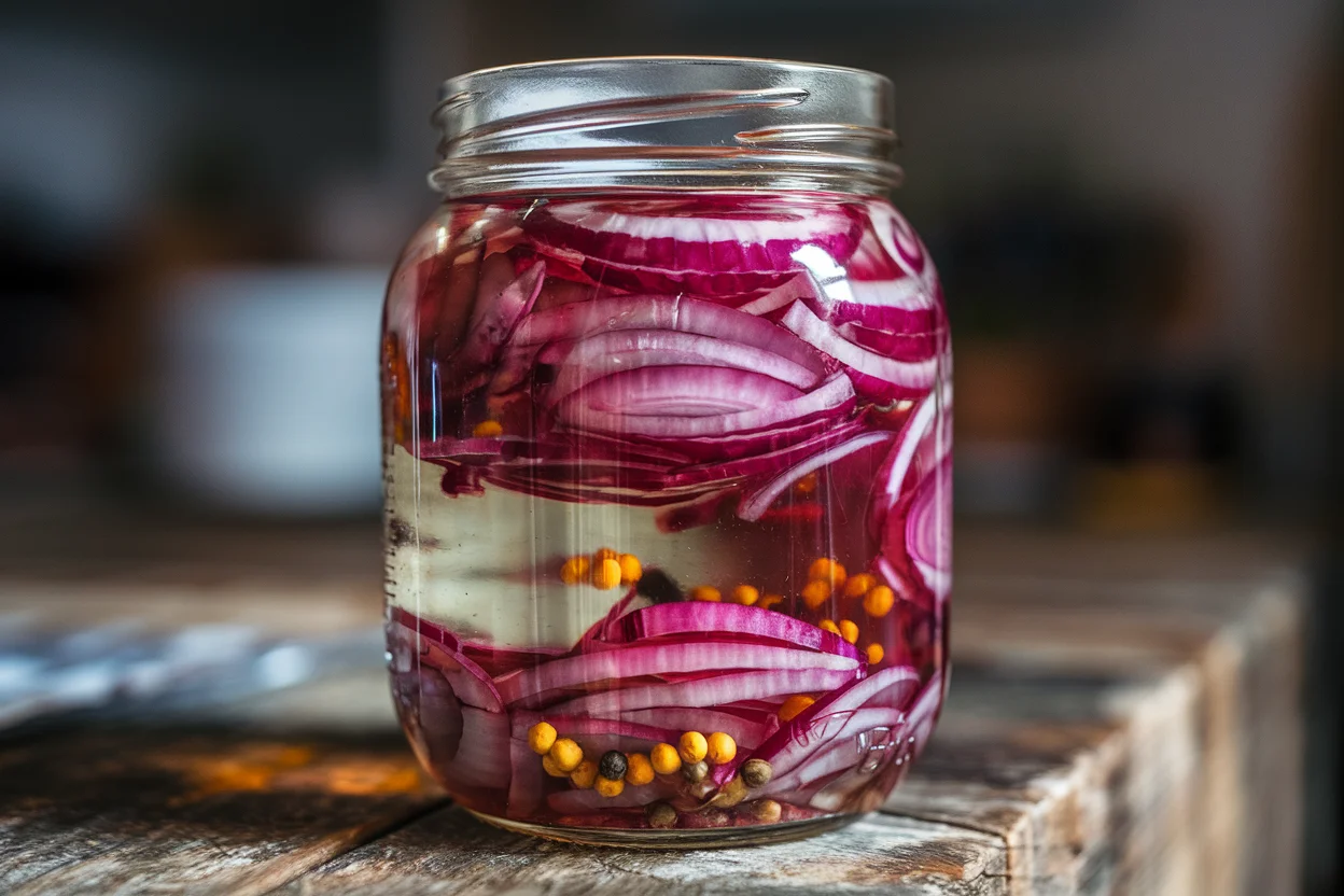 Final jar of the best pickled onions, showcasing vibrant purple-red onions in brine with mustard seeds and peppercorns on a rustic wooden table.