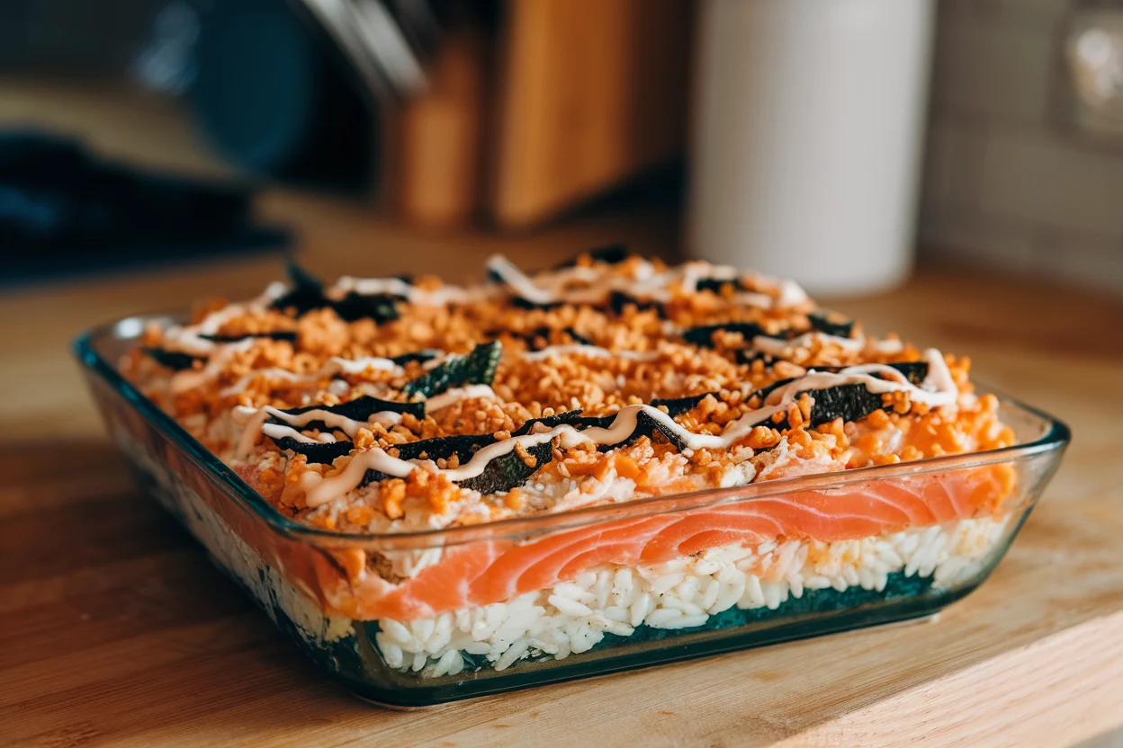 Final dish of sushi bake recipe salmon, topped with furikake and crumbled nori, freshly baked and ready to serve in a casserole dish.