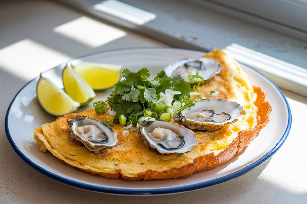 Final oyster omelette recipe served on a white ceramic plate, garnished with cilantro, spring onions, and lime wedges for a crispy and flavorful seafood dish.