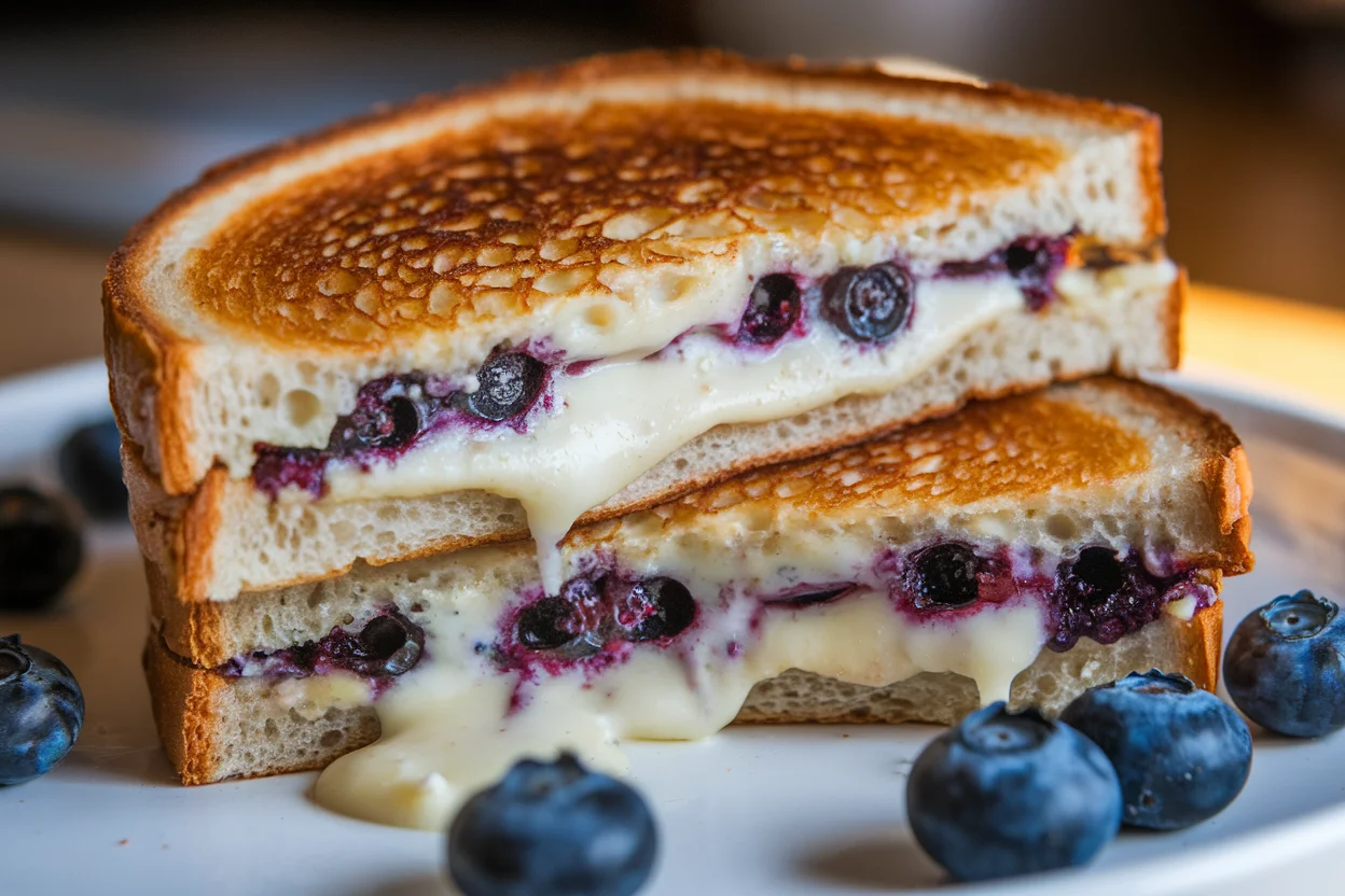 Golden-brown blueberry grilled cheese sandwich with melted cheese and fresh blueberries on a plate, highlighting the perfect blend of sweet and savory flavors.