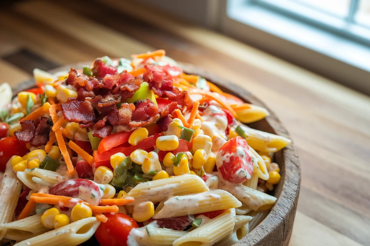 A bowl of freshly prepared cowboy pasta salad featuring penne pasta, crispy bacon, colorful diced bell peppers, cherry tomatoes, and a creamy dressing.