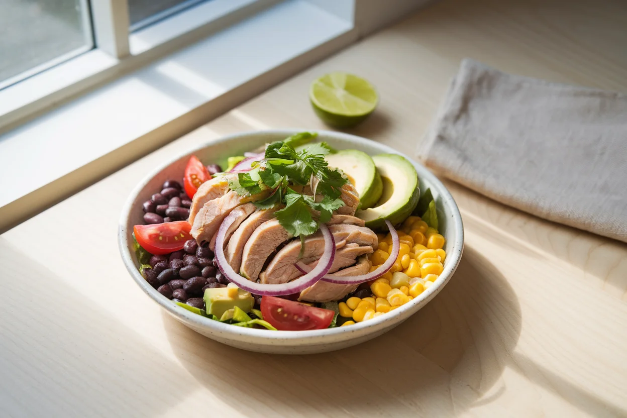 A bowl of vibrant Mexican Chicken Salad with grilled chicken, cherry tomatoes, avocado, black beans, corn, and fresh cilantro, served with a lime wedge.