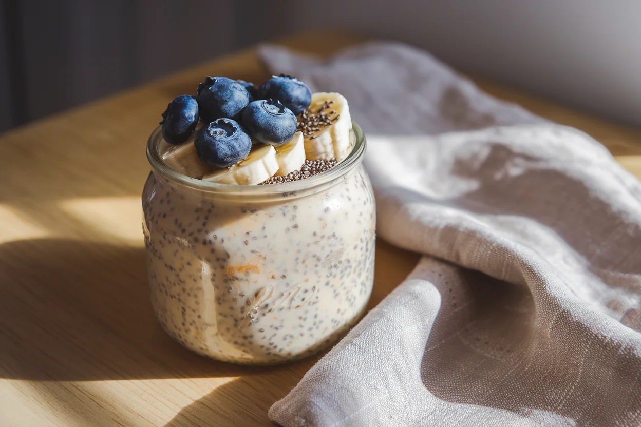 A bowl of creamy overnight oats without yogurt topped with fresh blueberries, banana slices, and chia seeds, served in a rustic glass jar on a wooden table.