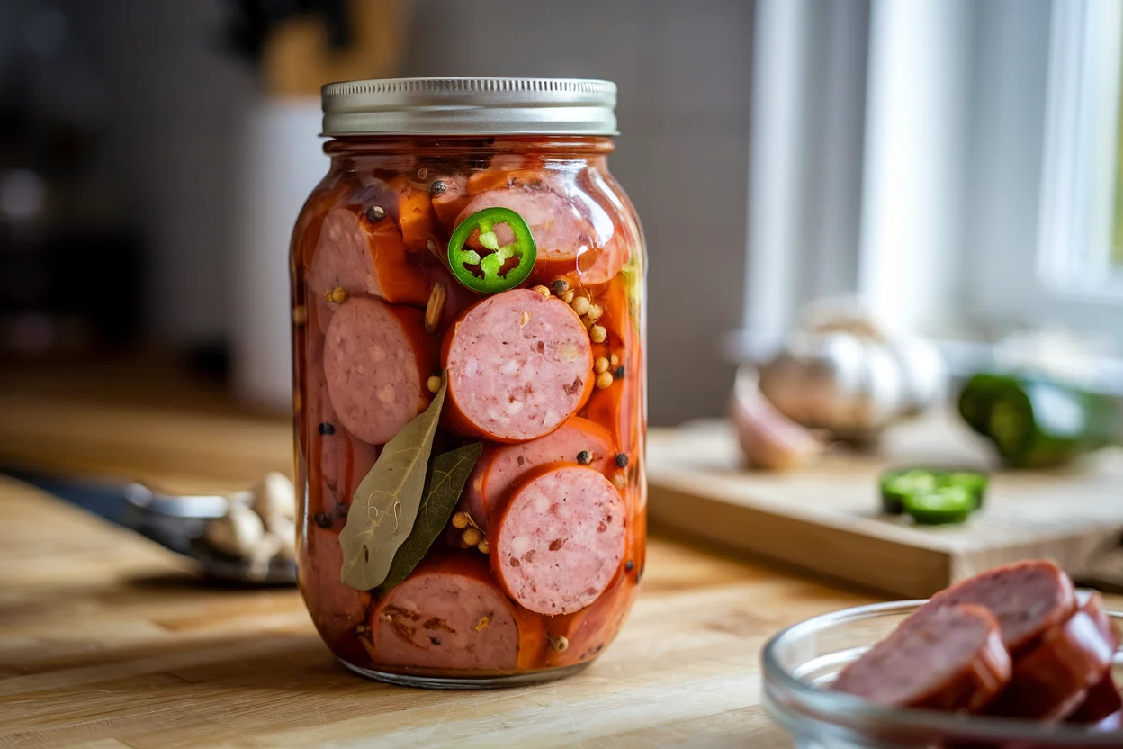 Jar of homemade pickled sausages in tangy brine with spices, perfect for a flavorful snack recipe.