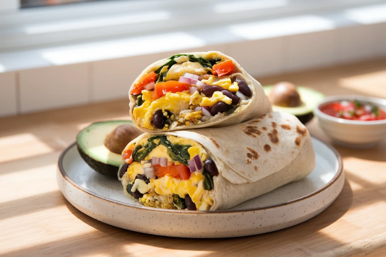 Freshly prepared vegetarian breakfast burrito with vibrant fillings of eggs, black beans, sautéed vegetables, and cheese on a white plate.