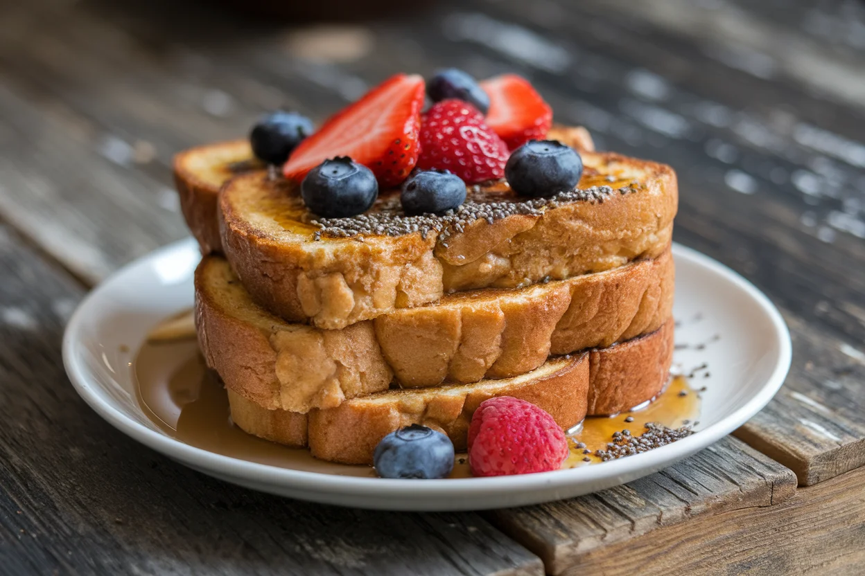 Plate of golden-brown protein French toast topped with fresh berries, maple syrup, and chia seeds, served on a rustic table.