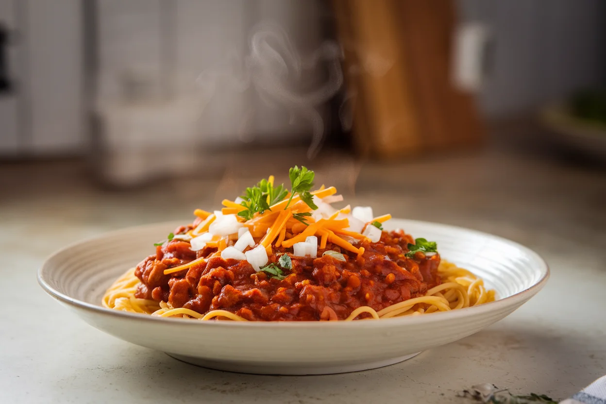 A bowl of vegetarian Skyline chili served over spaghetti, topped with cheddar cheese, diced onions, and parsley, highlighting its rich and hearty flavors.