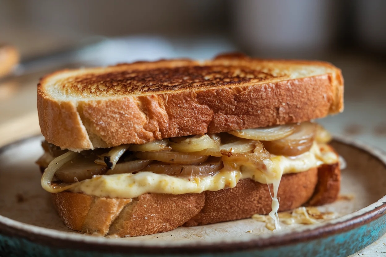 A freshly made French onion grilled cheese sandwich with golden-brown toasted sourdough bread, gooey Gruyère cheese, and caramelized onions, highlighting the final outcome of the recipe.