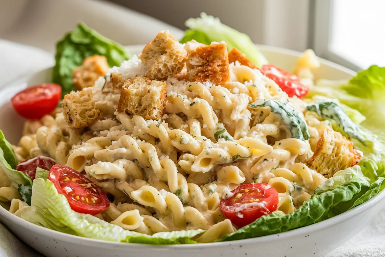 Caesar pasta salad recipe featuring creamy dressing, romaine lettuce, cherry tomatoes, croutons, and Parmesan cheese in a white bowl.