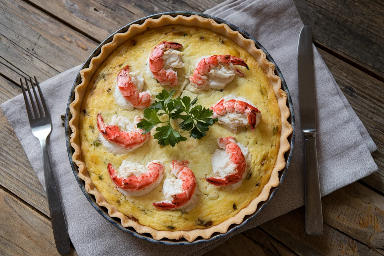 Freshly baked crab quiche recipe with golden-brown crust and creamy filling, garnished with parsley, perfect for lunch or brunch.