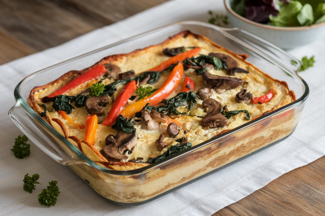 Freshly baked eggless breakfast casserole in a glass dish with golden-brown topping, featuring bell peppers, spinach, mushrooms, and tofu for a healthy and delicious morning meal.